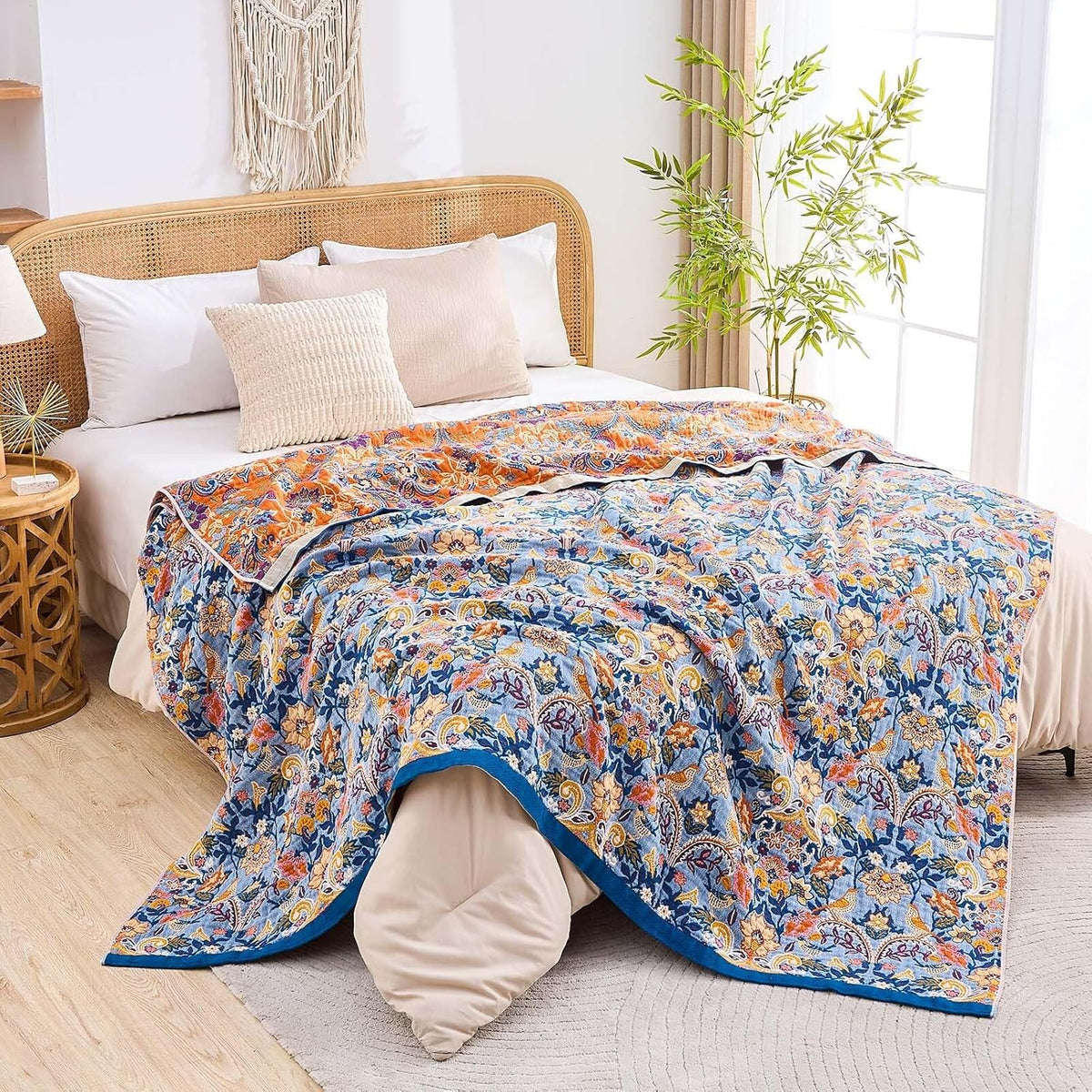 Boho Throw Blanket for Bed, 100% Cotton Soft Rustic Quilt Fall Blanket, 50"x60" Floral Printed