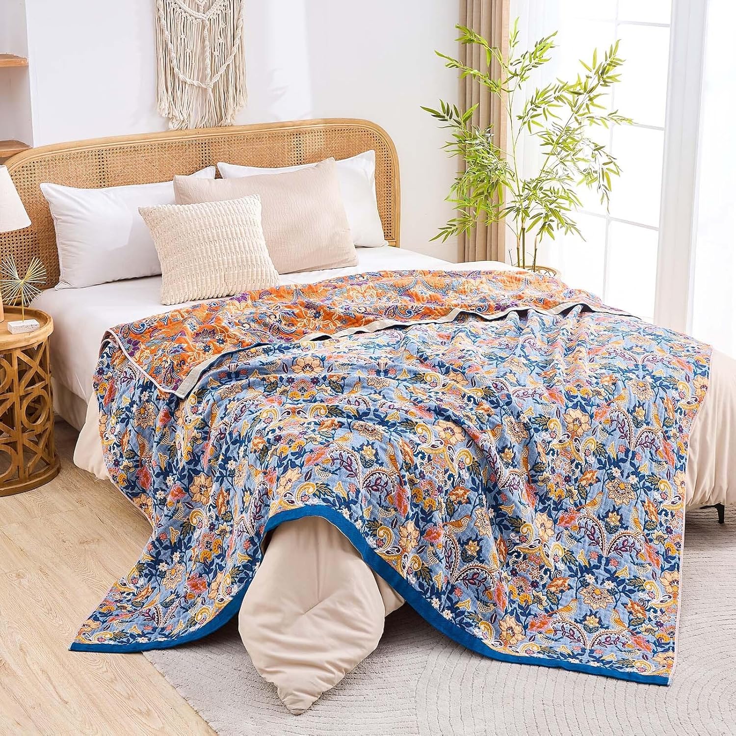 Boho Throw Blanket for Bed, 100% Cotton Soft Rustic Quilt Fall Blanket, 60"x80" Floral Printed