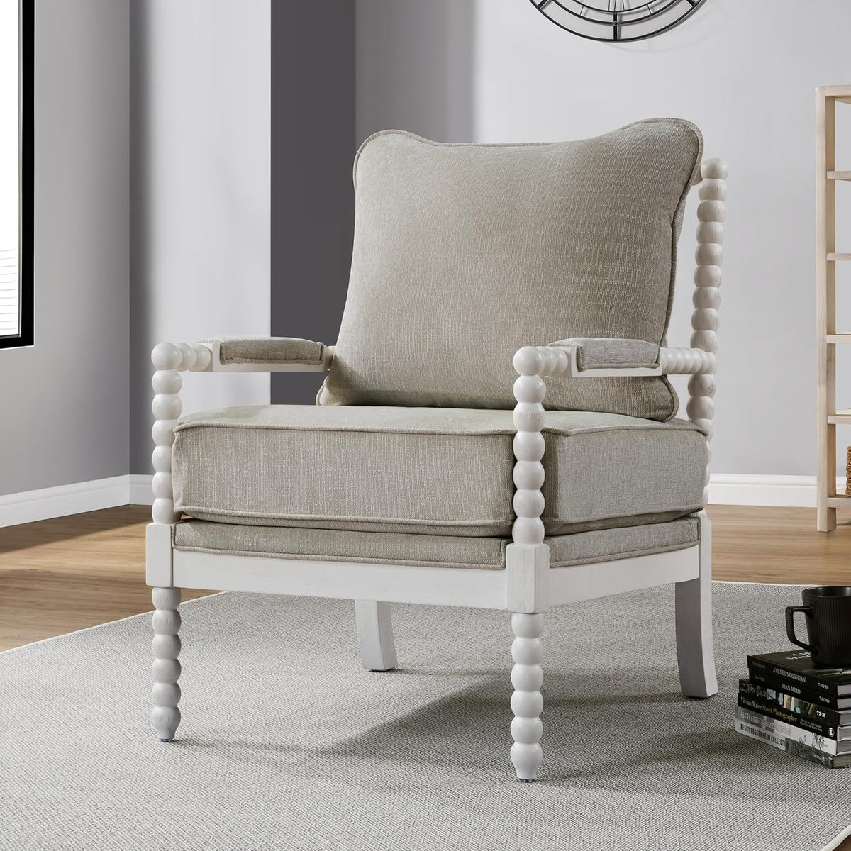 DUHOME Linen Fabric Spindle Accent Chair with Wood Frame,Spool Chairs with High Resilience Spring