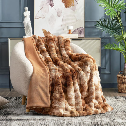 Cozy Bliss Faux Fur Throw Blanket for Couch, Fuzzy Soft Plush Thick Bubble Blanket for Sofa Bedroom