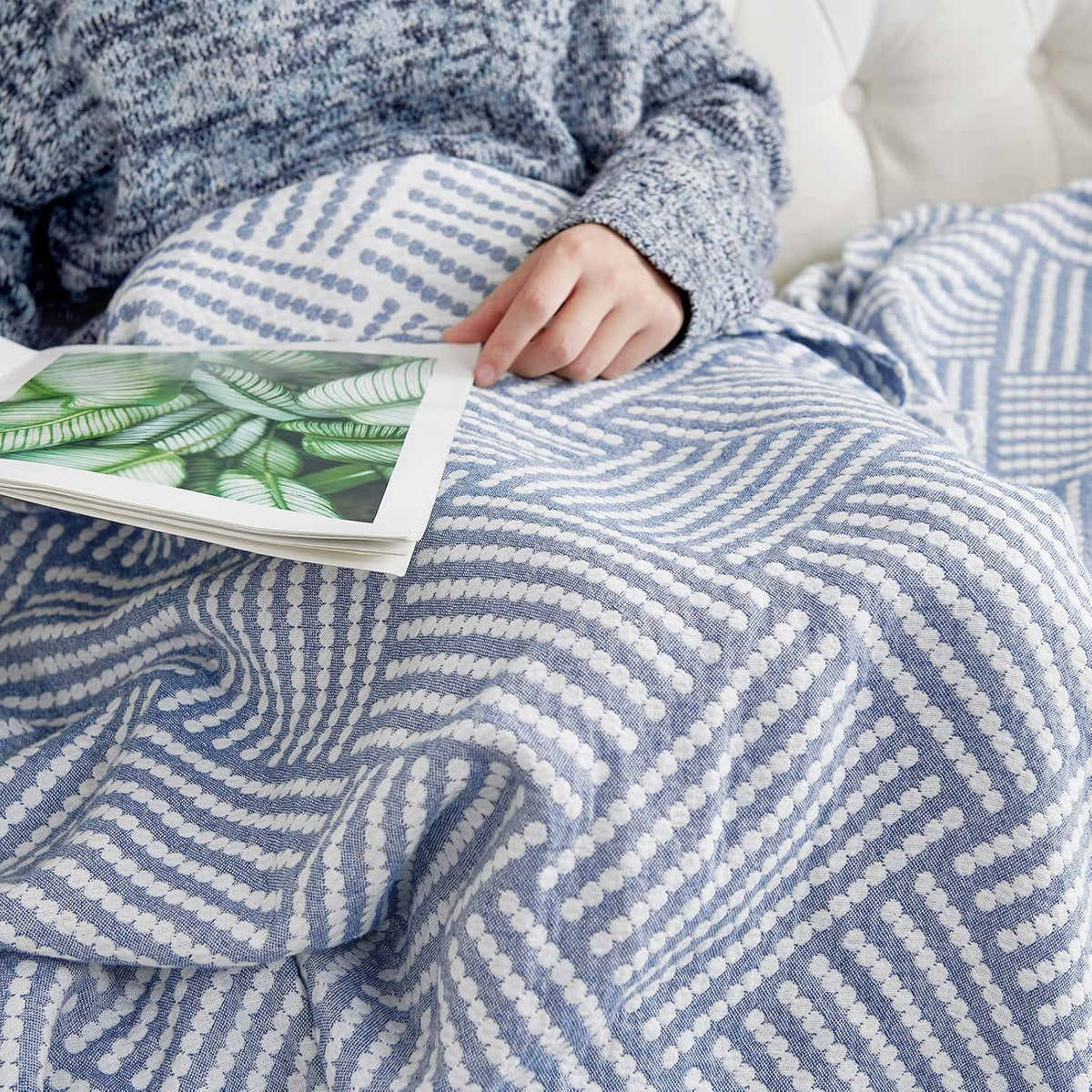 jinchan Boho 100% Cotton Blanket Muslin 50x60 Inches Lightweight 3-Layer Geometric Square Striped