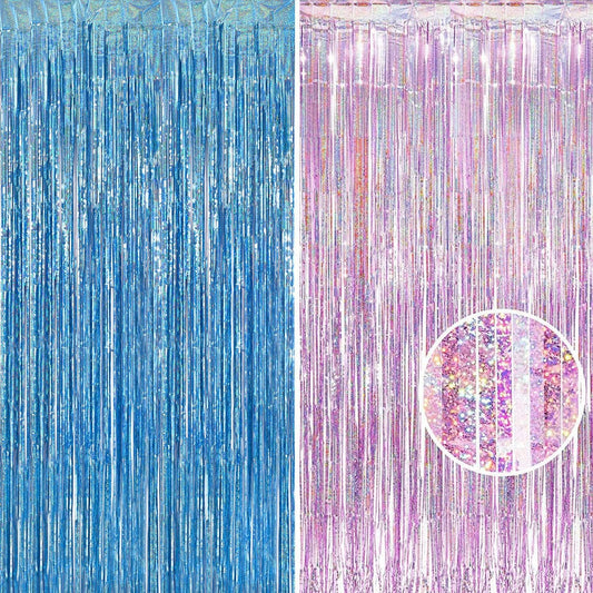 BRAVESHINE Pink Blue Tinsel Foil Fringe Curtains - 2Pcs 3.2x8.2ft Holidays Photo Streamers Backdrop