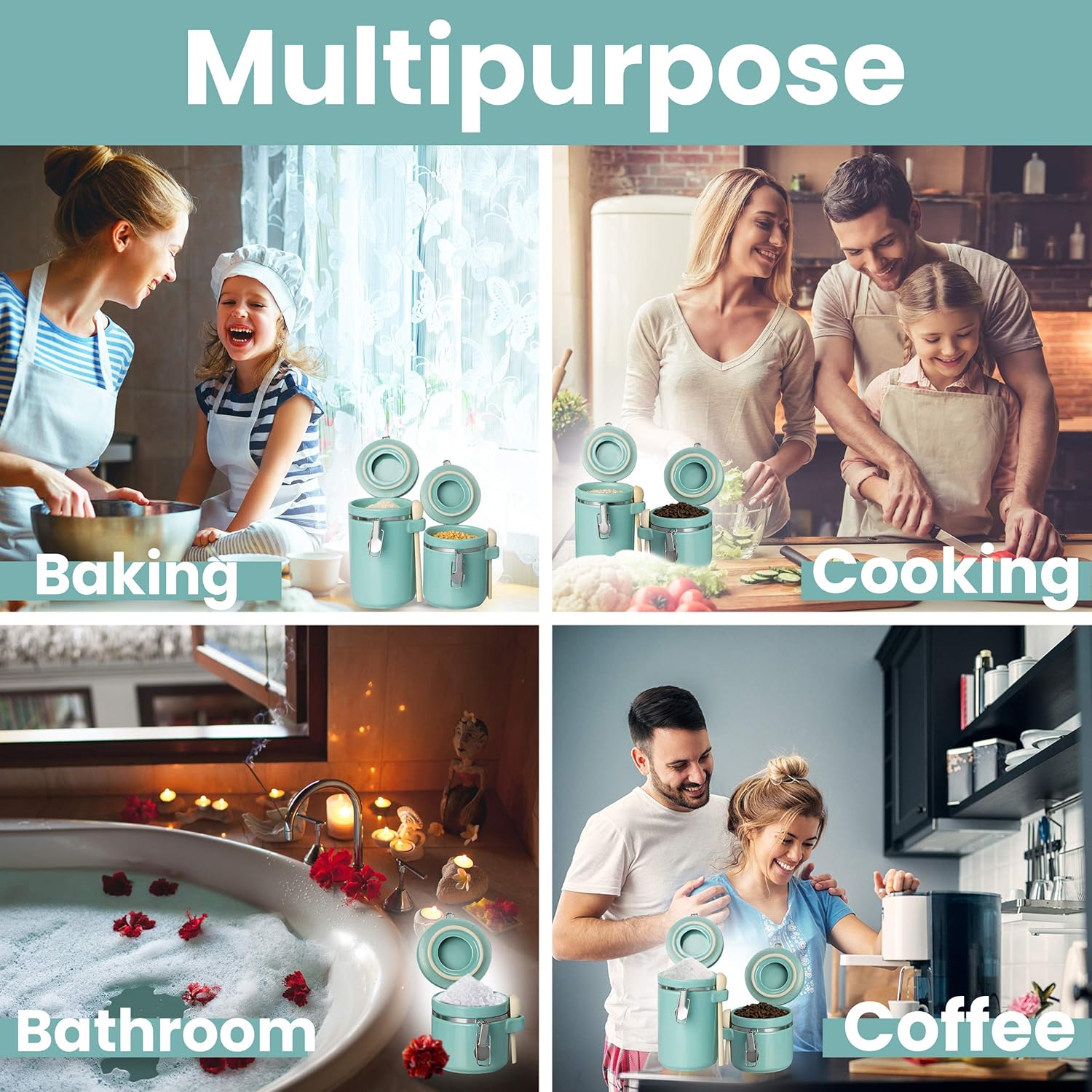Home Intuition 4-Piece Ceramic Kitchen Canisters Set, Airtight Containers with Wooden Spoons