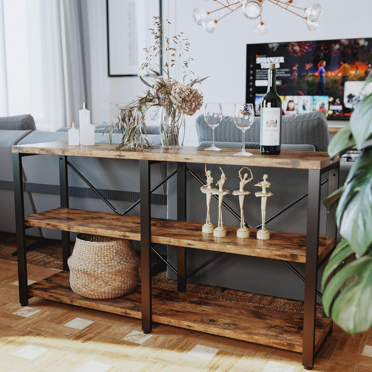 IRONCK Rustic Entryway Console Table, Long Hallway Table 55 in 3-Tier, TV Stand Entertainment