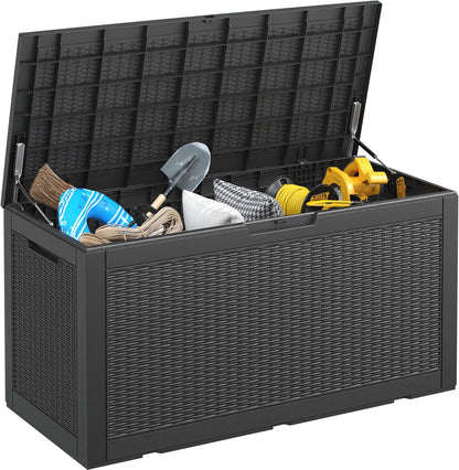 NUNU LAB 102 Gallon Large Waterproof Resin Deck Box, Lockable Outdoor Storage Box with Gas Lift