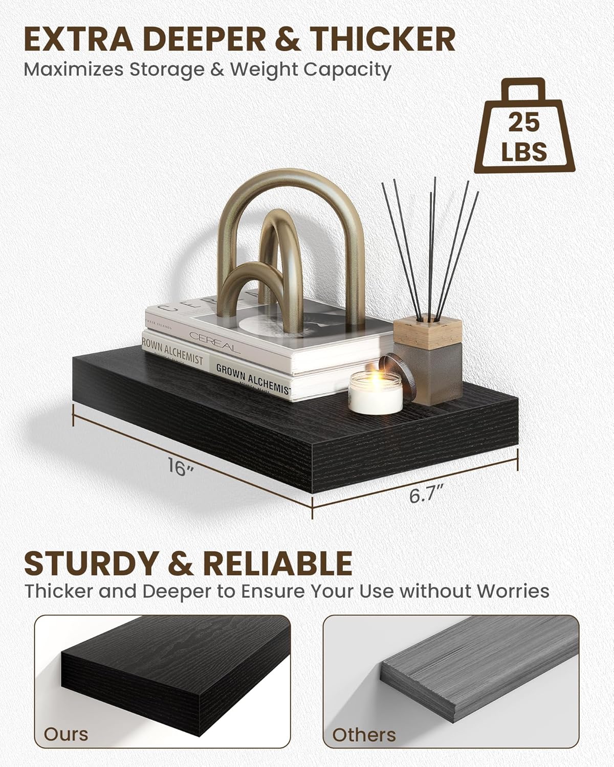 Marsmiles 16" Floating Shelves for Wall, Wooden Shelves with Invisible Brackets Set of 2, Rustic