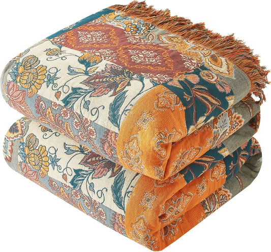 Boho Throw Blanket for Couch Sofa Bed, 100% Cotton Woven Quilt with Tassel 60”x80”, Super Soft
