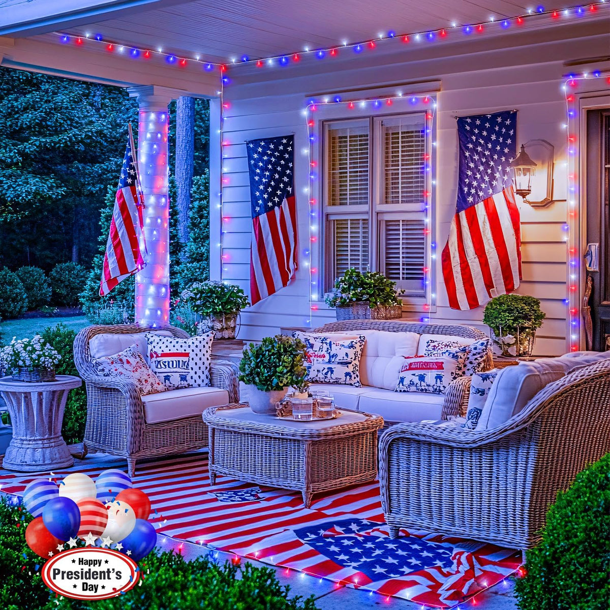 JMEXSUSS 2 Pack Red White and Blue Lights Outdoor, 33ft 100 LED 4th of July Lights Battery