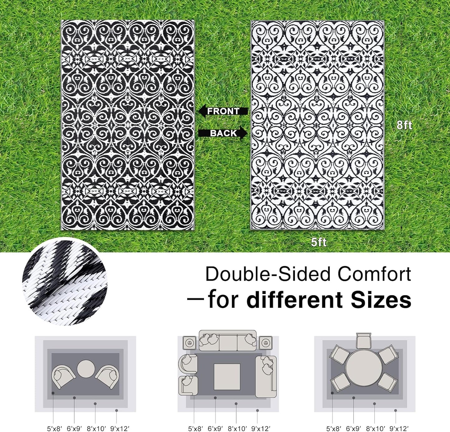 OLANLY Outdoor Rug Waterproof 5x8 ft Clearance, Reversible Outdoor Plastic Straw Rug with Floral