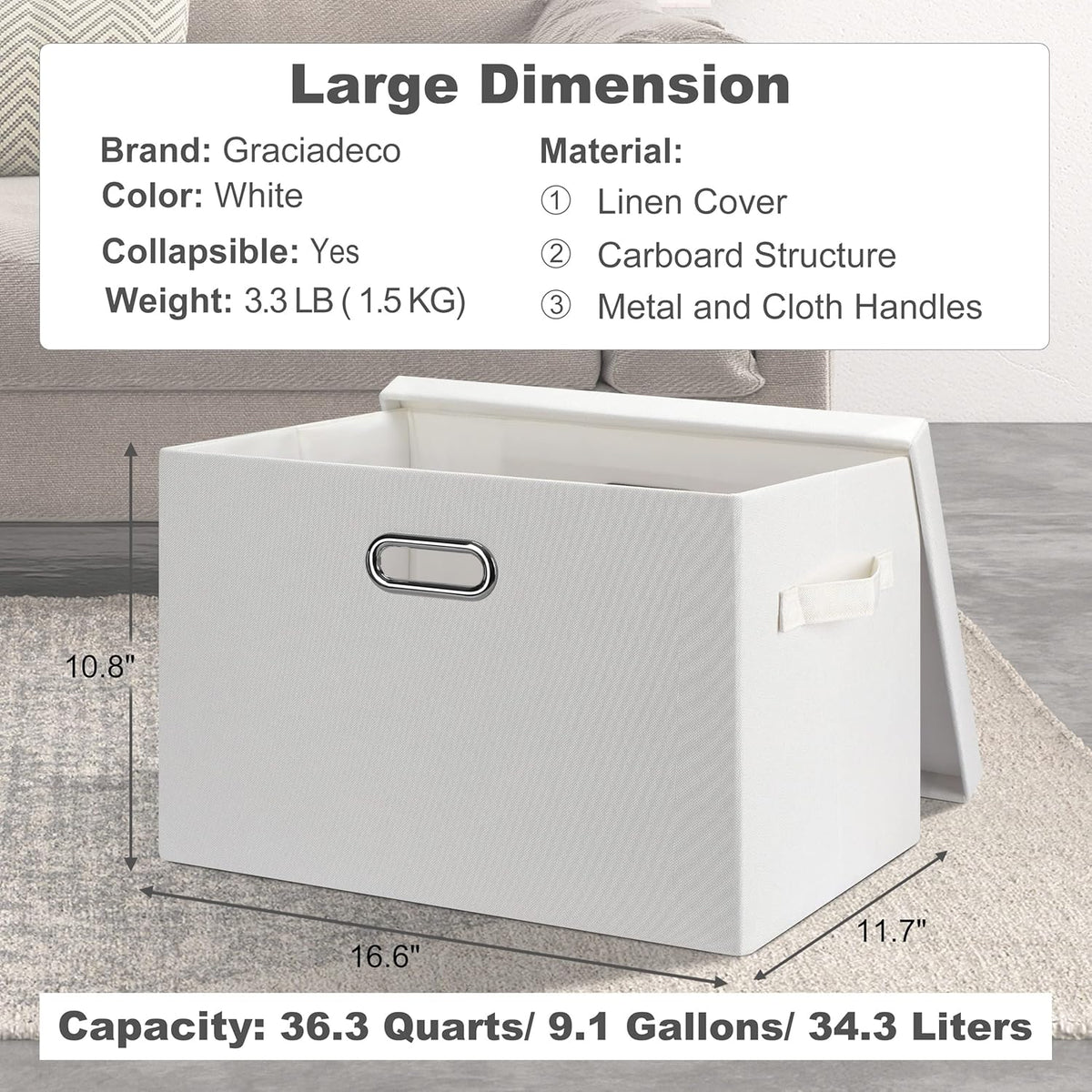 Large 17" 36 Quart Collapsible Stackable Storage Bins with Lids, 5 Packs White Linen Fabric Closet