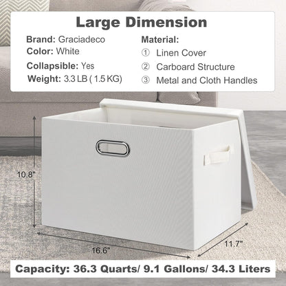 Large 17" 36 Quart Collapsible Stackable Storage Bins with Lids, 5 Packs White Linen Fabric Closet