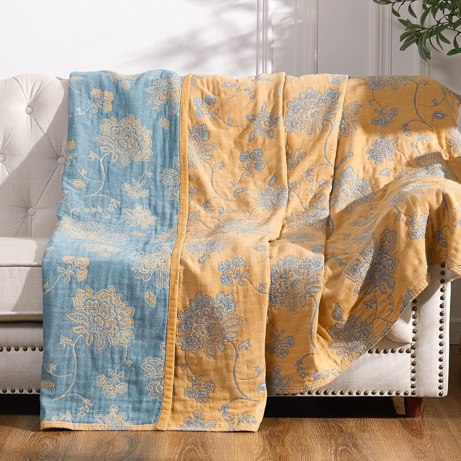 jinchan Boho 100% Cotton Muslin Queen Size 80x90 Inches Blanket Lightweight 4-Layer Quilted Soft