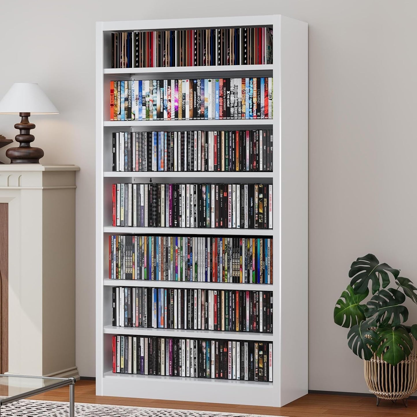 Metal DVD Storage Cabinets White, 7-Tier CD Storage Rack with Adjustable Shelves for CD Holder