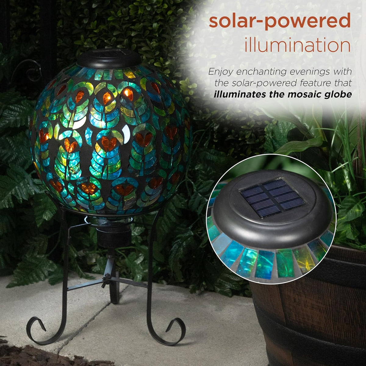 Alpine Corporation GRS926A-SLR Solar Gazing Globe w/Mosaic Peacock Feather Design & Metal Stand