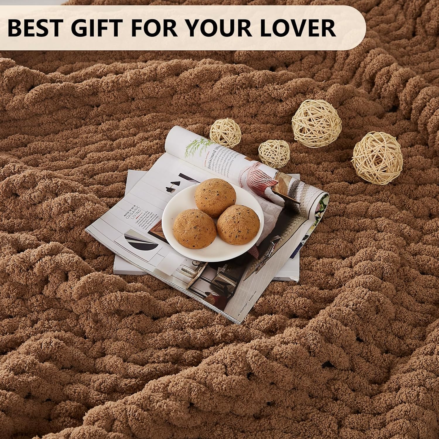 L'AGRATY Chunky Knit Blanket Throw: 50''x60'' Chenille Chunky Knitted Throw Blanket for Bed Couch