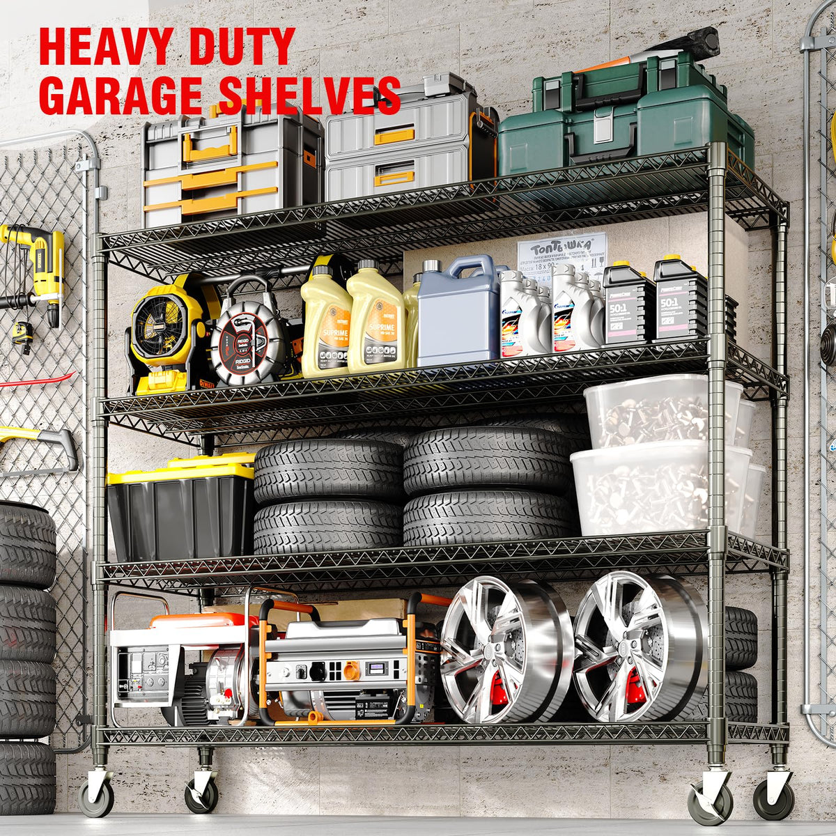 59"W Storage Shelves 2640LBS Heavy Duty Garage Shelving Units with Wheels, 4-Tiers Wire Shelving