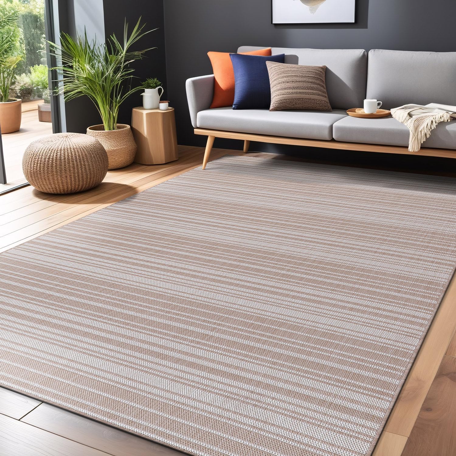Stripe Outdoor Rug 10x14 Washable Outside Carpet for Indoor Patio Porch Waterproof Easy Cleaning