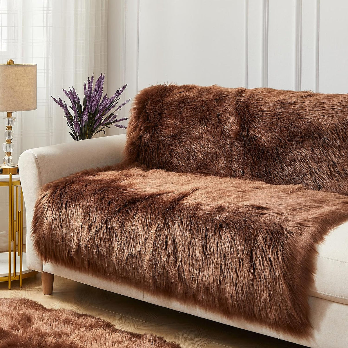 AMTOVO Faux Fur Sheepskin Rug for Living Room, 4 x 6 ft Coffee Fluffy Area Rug for Bedroom