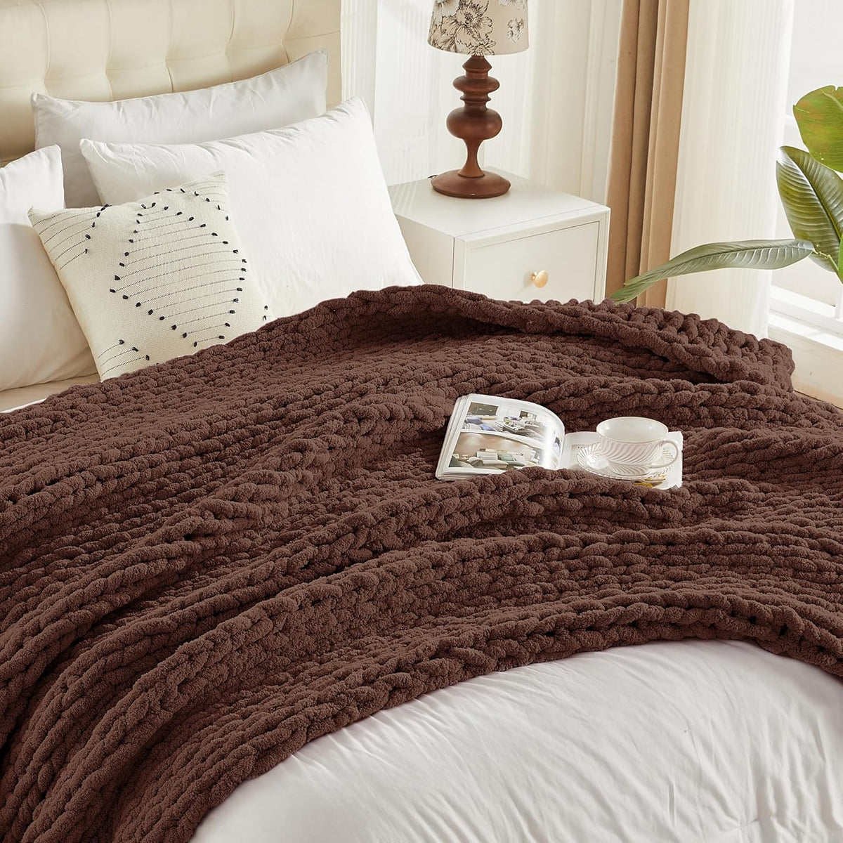 Carriediosa Chunky Knit Throw Blanket 50" X 60", 100% Hand Made Large Chenille Loop Yarn Soft