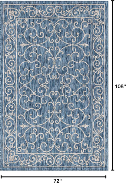 JONATHAN Y Vintage Filigree Indoor Outdoor Area Rug 6X9 Navy/Gray, Charleston Textured Weave for