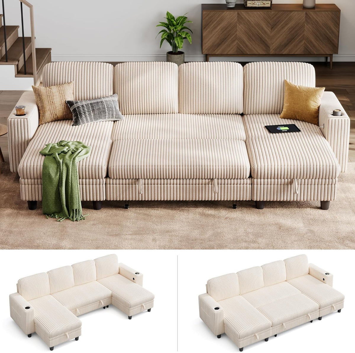 LINSY HOME Sectional Sleeper Sofa with Pull Out Couch Bed - Convertible Plush Corduroy Cloud Couch