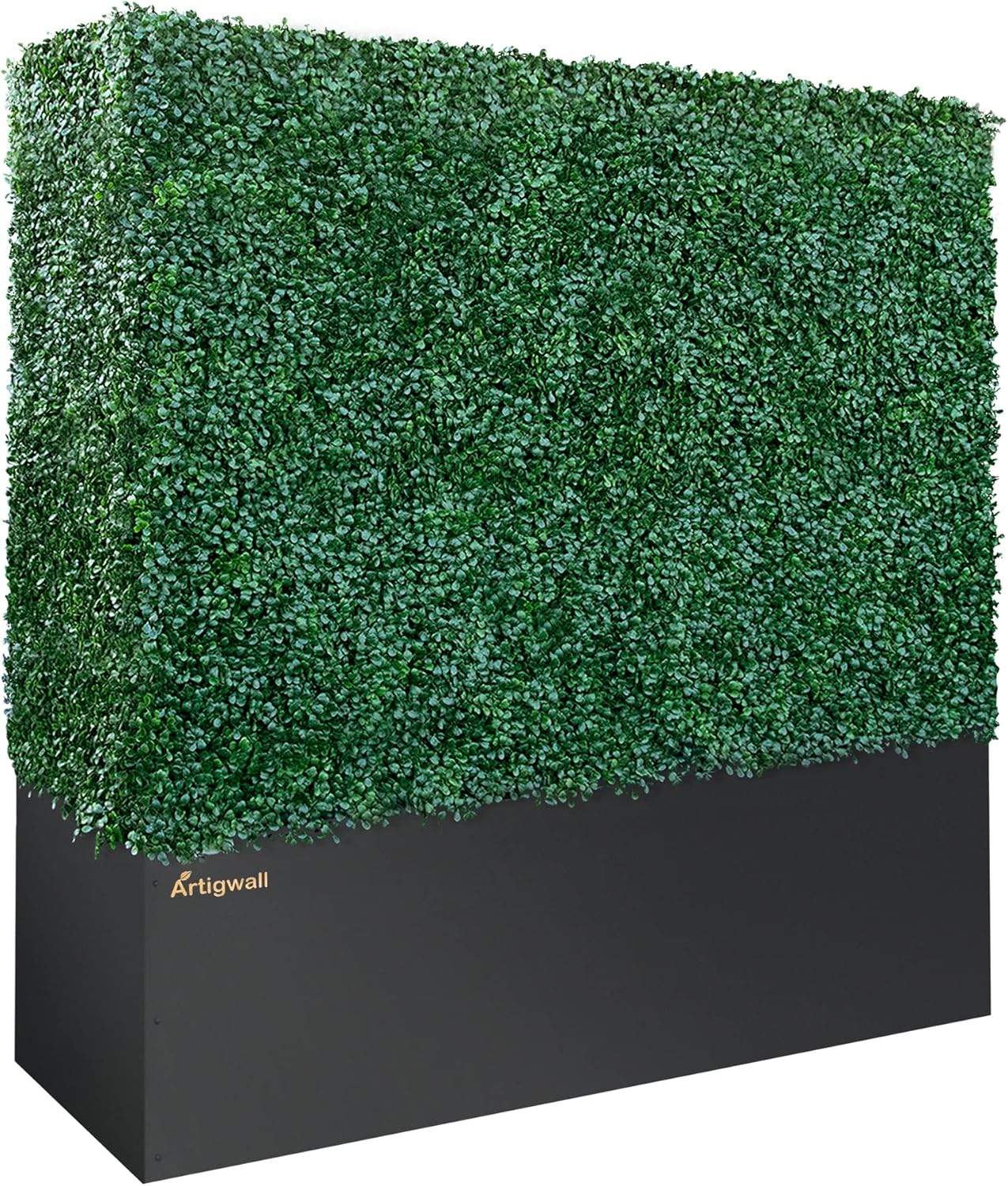 Artificial Boxwood Hedge Divider Wall with Black 201 Stainless Steel Planter Box (60" L X 48" H X