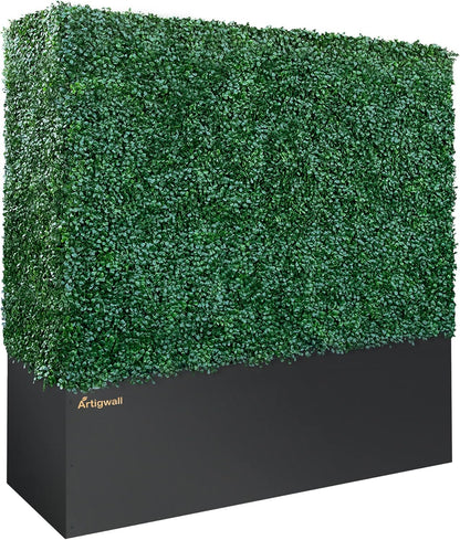 Artificial Boxwood Hedge Divider Wall with Black 201 Stainless Steel Planter Box (60" L X 48" H X