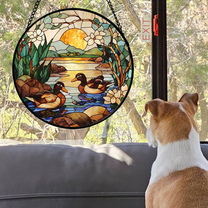 Stained Glass Window Hanging, Ducks in The Pond Sun Catcher for Door Home Decor Landscape Plant
