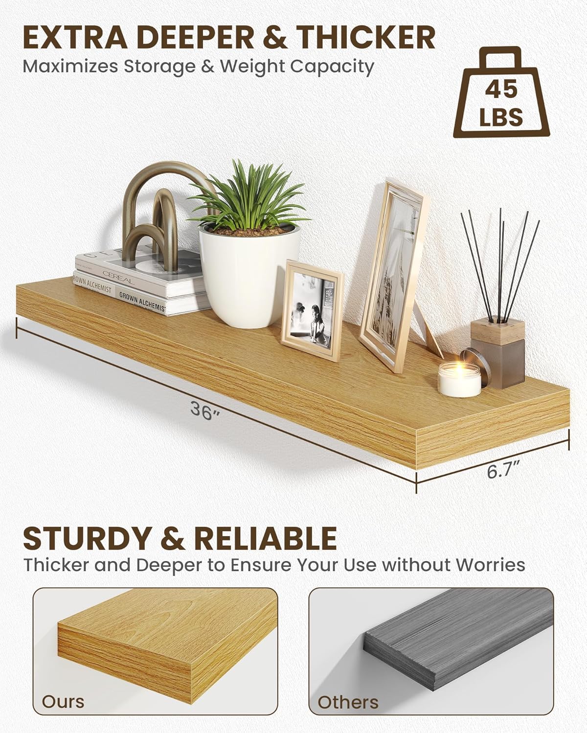 Marsmiles 36" Floating Shelves for Wall, Wooden Shelves with Invisible Brackets Set of 2, Rustic