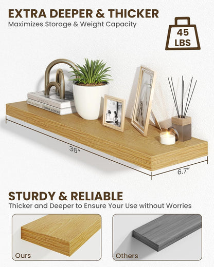 Marsmiles 36" Floating Shelves for Wall, Wooden Shelves with Invisible Brackets Set of 2, Rustic