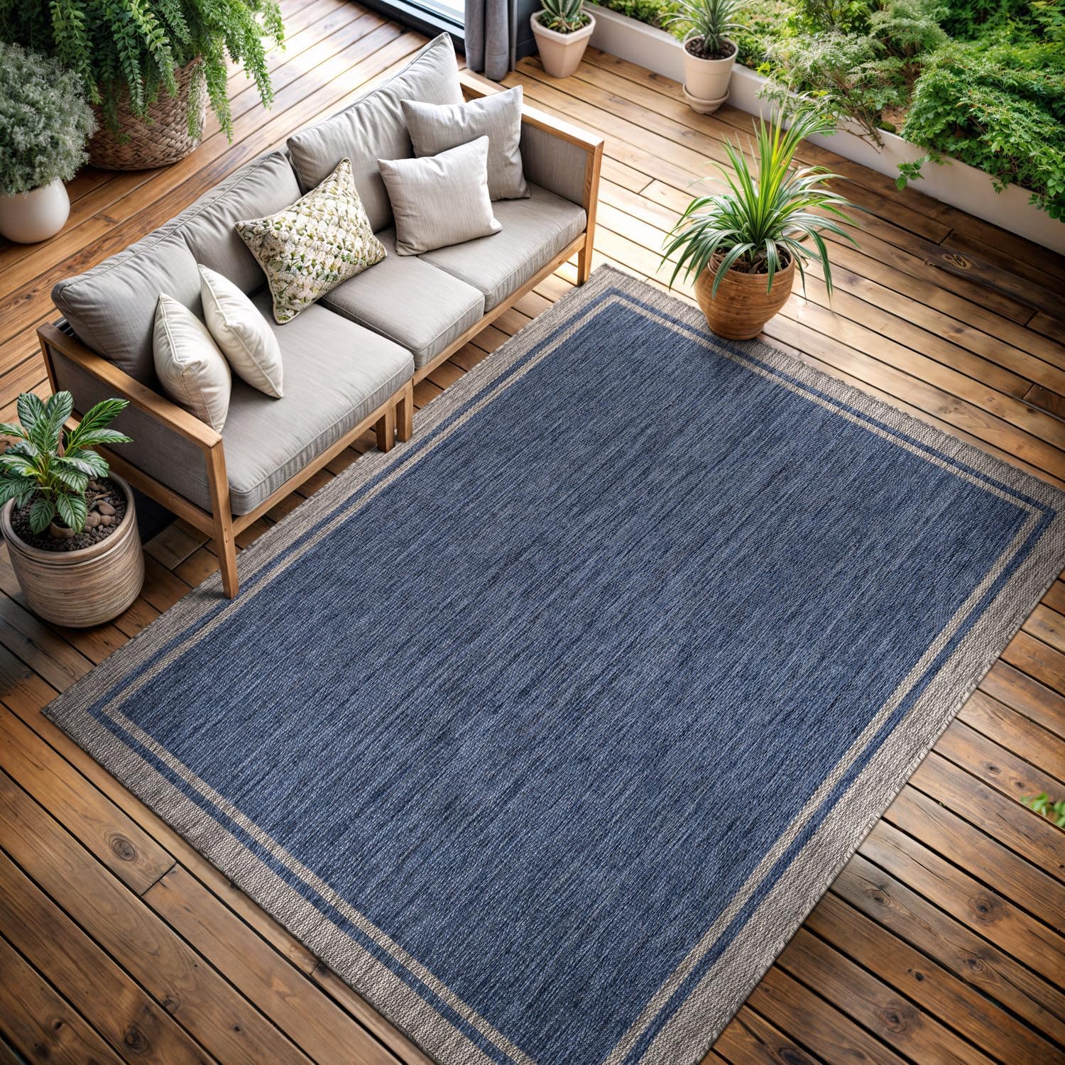 CAMILSON Outdoor Rug, 8x10 Bordered Navy Blue Gray Modern Area Rugs for Indoor and Outdoor Patios