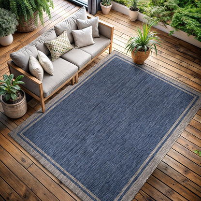 CAMILSON Outdoor Rug, 8x10 Bordered Navy Blue Gray Modern Area Rugs for Indoor and Outdoor Patios
