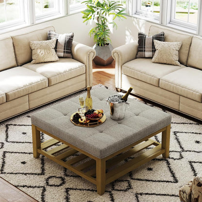 Large Square Ottoman Coffee Table, Linen Solid Upholstered Footrest Ottoman with Solid Wood Shelf