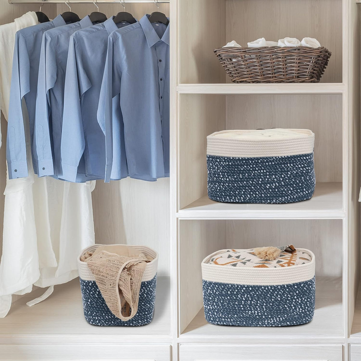 White and Blue Cotton Rope storage Basket Bins Woven Basket for Organizing Shelves 14.5X9.5X9.3“