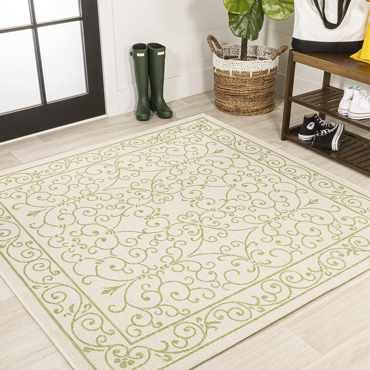 JONATHAN Y Vintage Filigree Indoor Outdoor Square Area Rug 5X5 Cream/Green, Charleston Textured