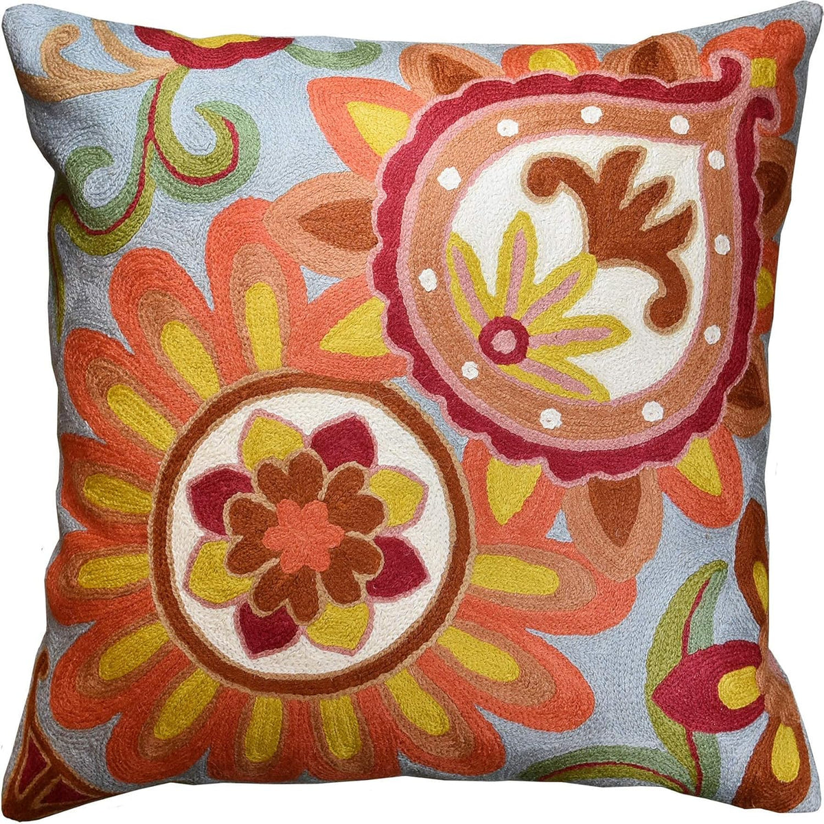 Soft Turquoise Hand Embroidered Floral Pillow Cover Flower Pillows Loral Outdoor Pillowcase Suzani