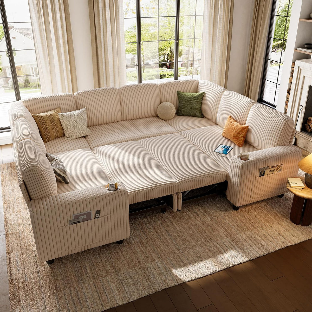 LINSY HOME Sectional Sleeper Sofa with Pull Out Couch Bed - Convertible Plush Corduroy Cloud Couch
