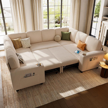 LINSY HOME Sectional Sleeper Sofa with Pull Out Couch Bed - Convertible Plush Corduroy Cloud Couch