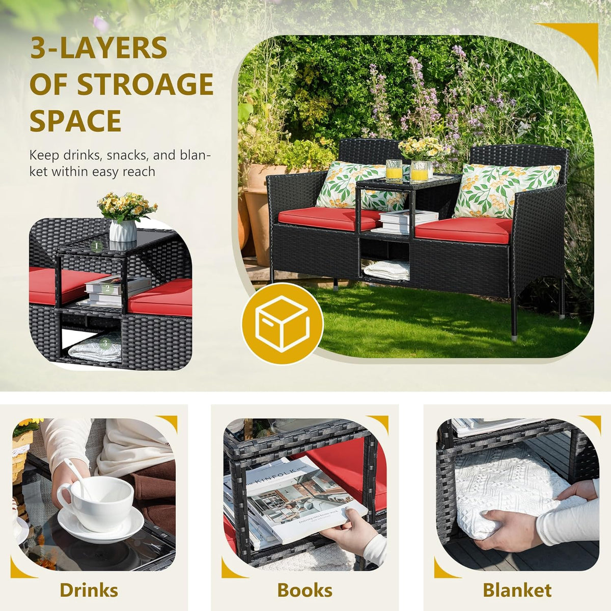 Flamaker Outdoor Furniture Patio Loveseat Wicker 2-Seat with Built-in Table and Cushions Rattan