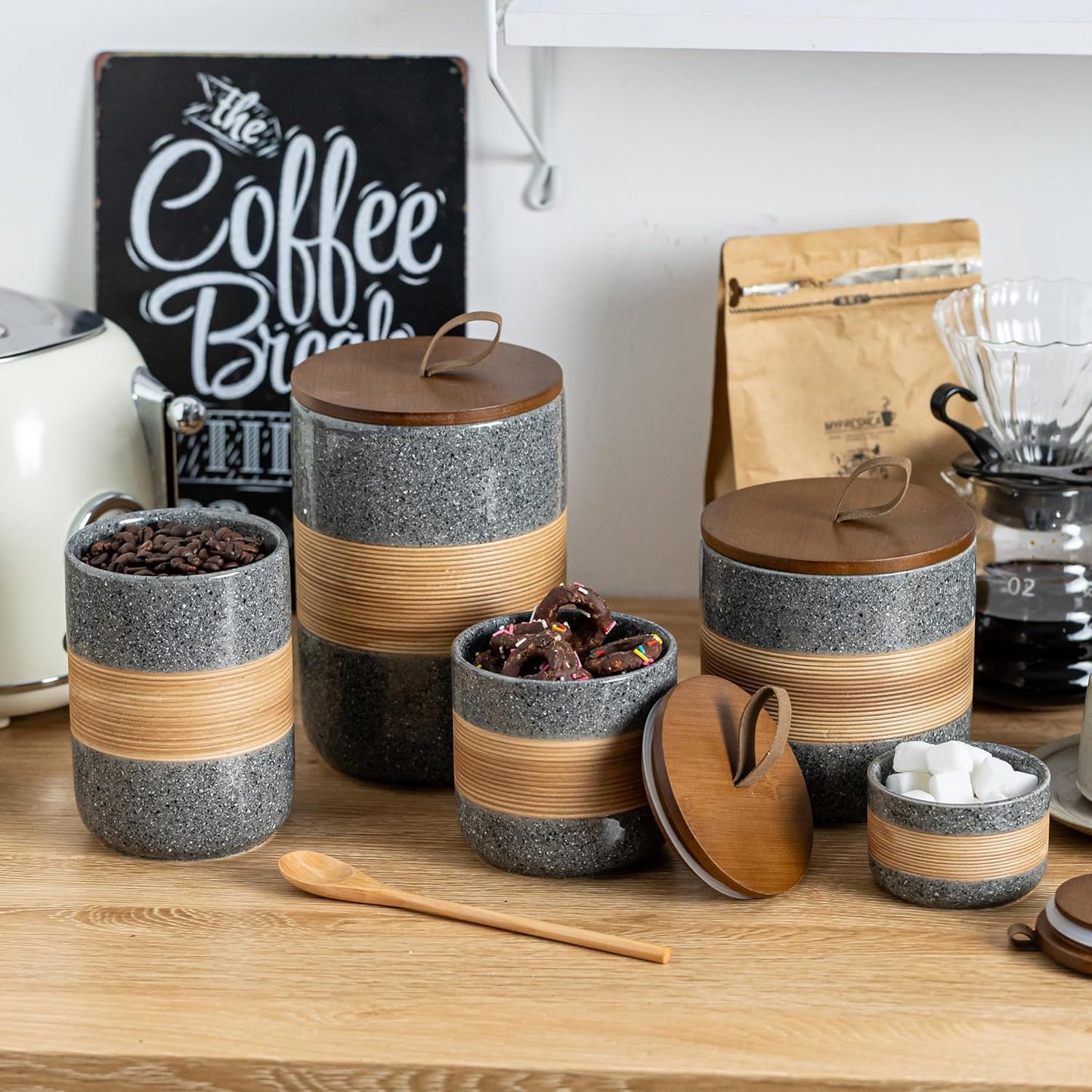 Ceramic Jar with Lid Airtight, Coffee Container Kitchen Food Storage Jars for Spice Sugar Tea Bag