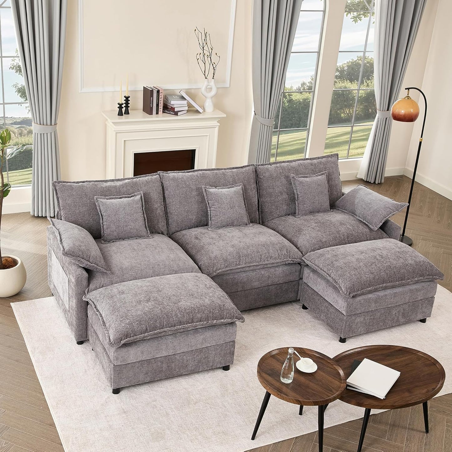 108" U Shaped Couch, Modular Sectional Sofa, 3-Seater Comfy Cloud Couch with Movable Ottoman, Deep