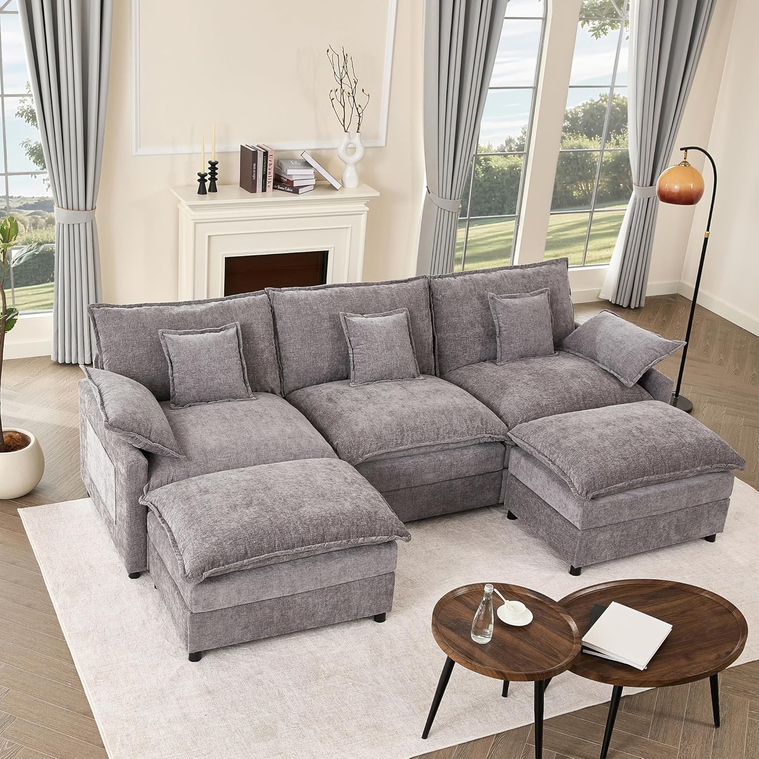 108" U Shaped Couch, Modular Sectional Sofa, 3-Seater Comfy Cloud Couch with Movable Ottoman, Deep