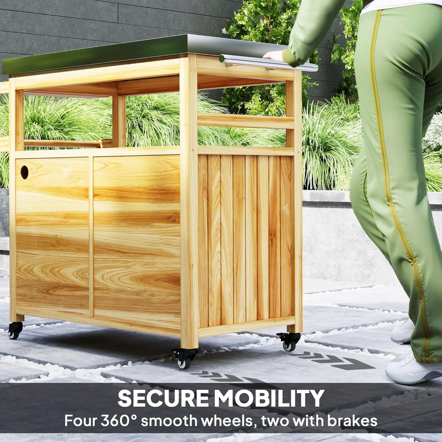 Outsunny Outdoor Grill Cart with Wheels and Storage, Solid Wood Outdoor Kitchen Island with