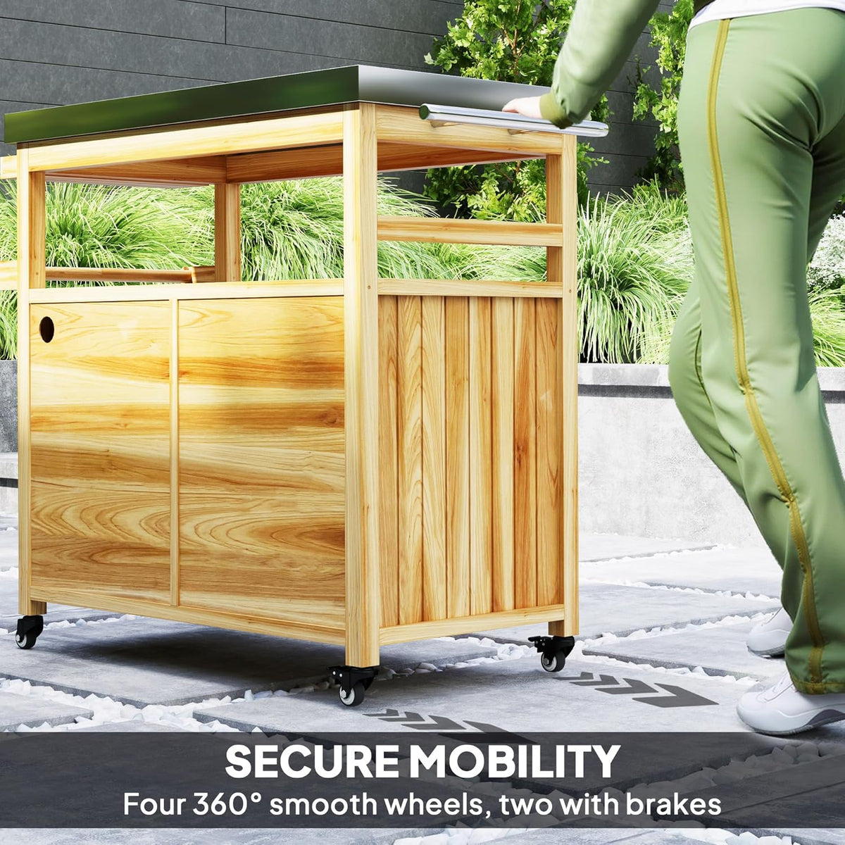 Outsunny Outdoor Grill Cart with Wheels and Storage, Solid Wood Outdoor Kitchen Island with