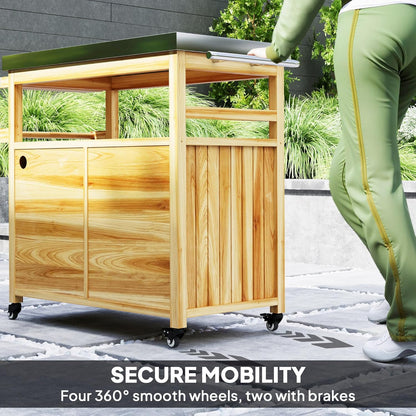 Outsunny Outdoor Grill Cart with Wheels and Storage, Solid Wood Outdoor Kitchen Island with