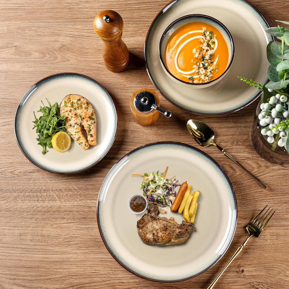 GBHOME Ceramic Dinnerware Sets for 4, 12 Pieces Stoneware Plates and Bowls Sets, Scratch Resistant