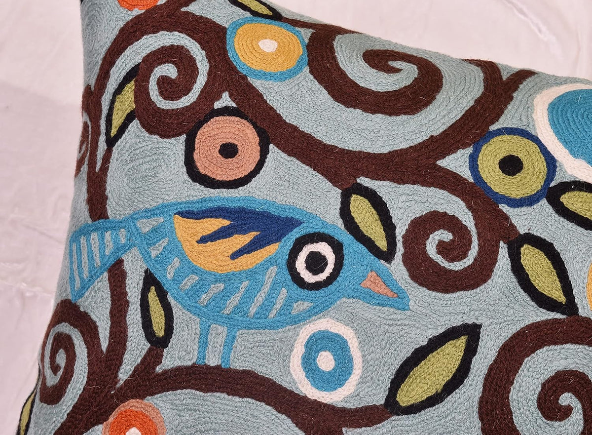 Tree of Life Birds Pillow Cover Teal Blue Floral Pillowcase Botanical Floral Outdoor Suzani