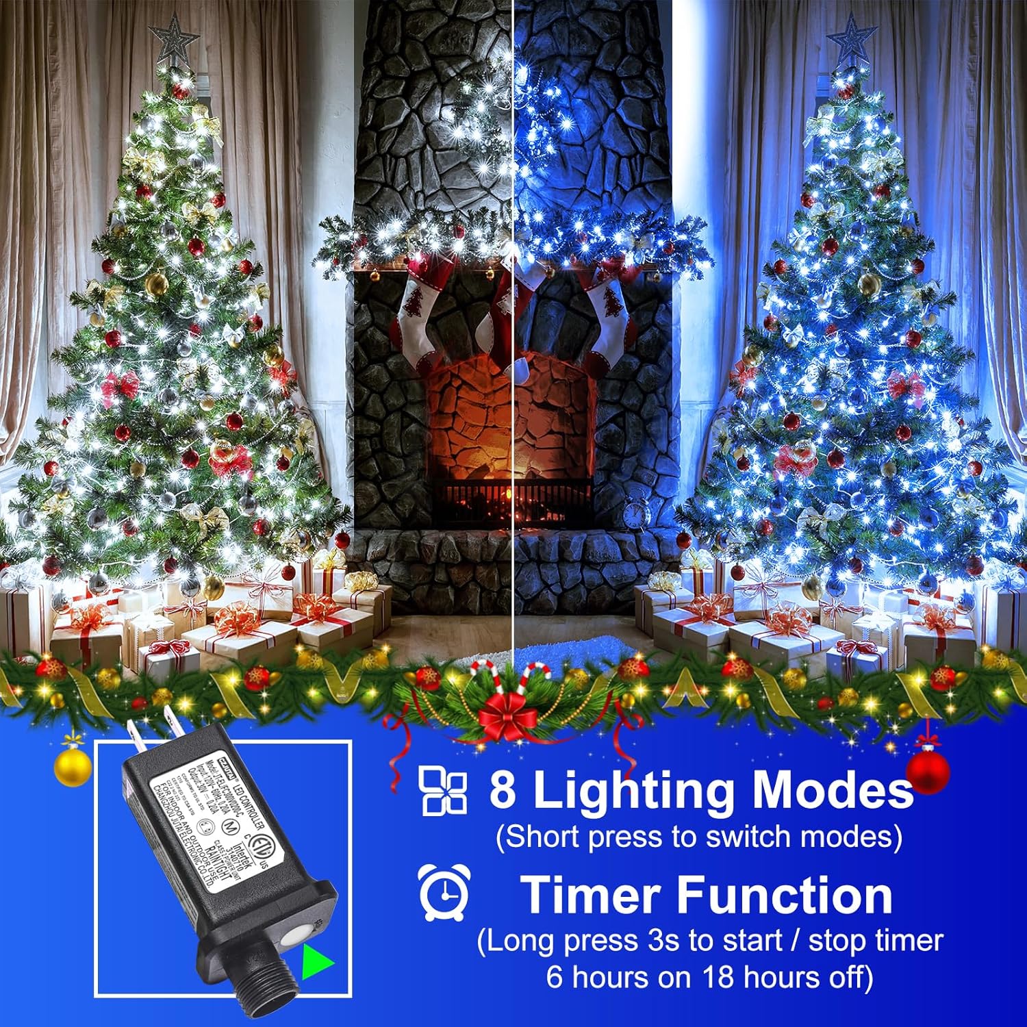 2 Pack Christmas Lights Outdoor, Total 200FT 600LED Christmas String Lights with 8 Modes