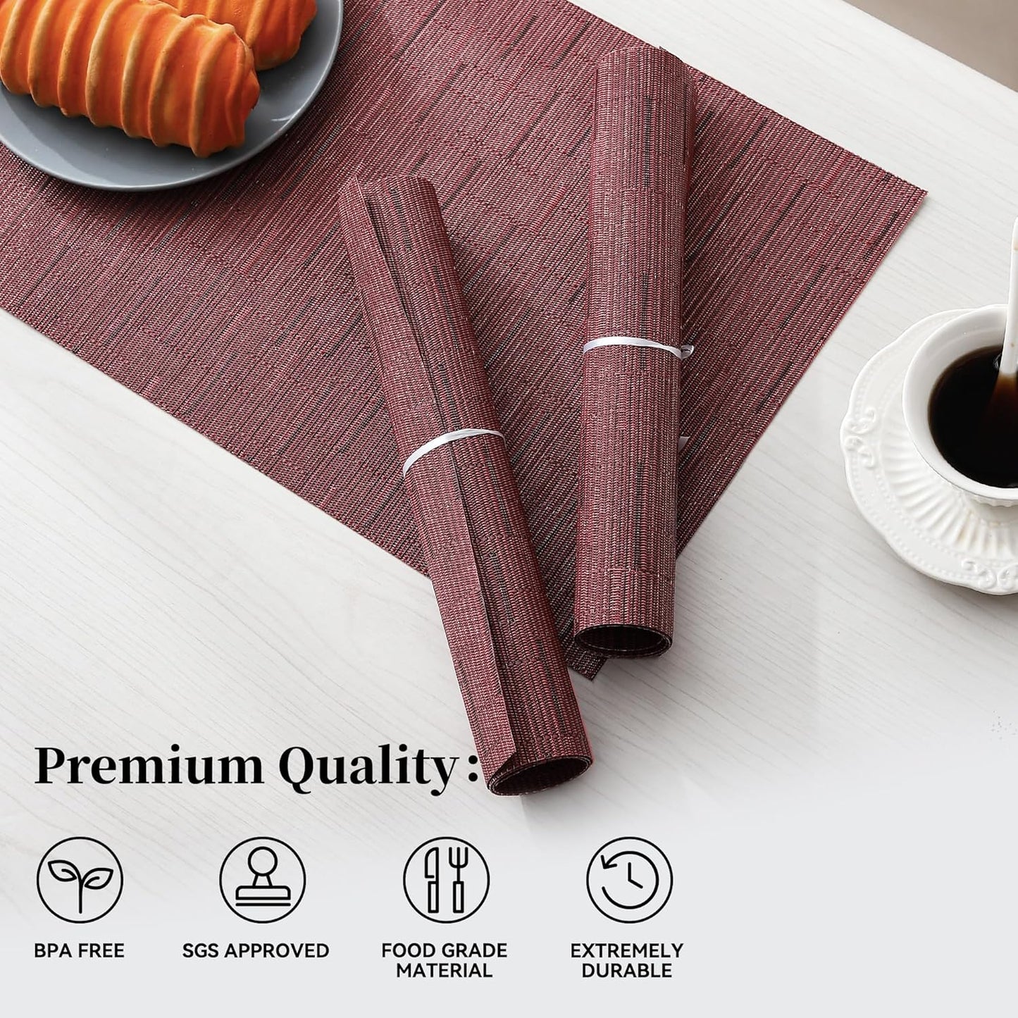 Leetaltree Burgundy Placemats Set of 8 - Heat Resistant Non-Slip Place mats for Dining Table
