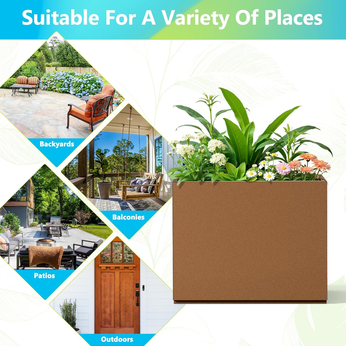 FENCY Metal Planter Box, Large Rectangular Planters for Outdoor Plants, Outdoor Tall Planters with